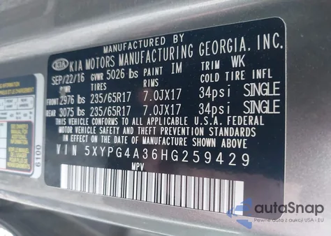 2017 Kia Sorento 2.4L L из США, поврежденный, VIN 5XYPG4A36HG259429